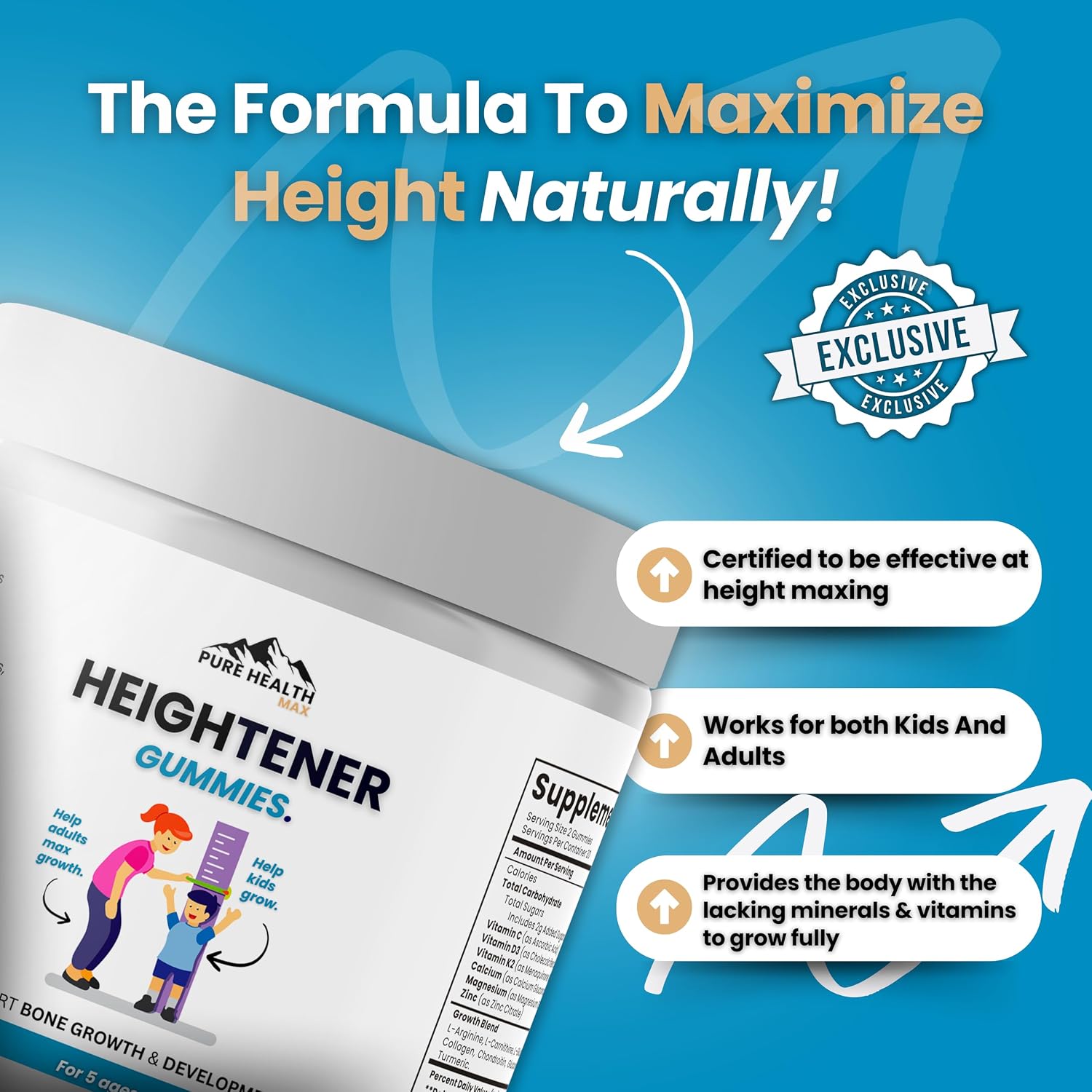 PURE HEALTH MAX Heightener Gummies, 60 gominolas para el crecimiento natural