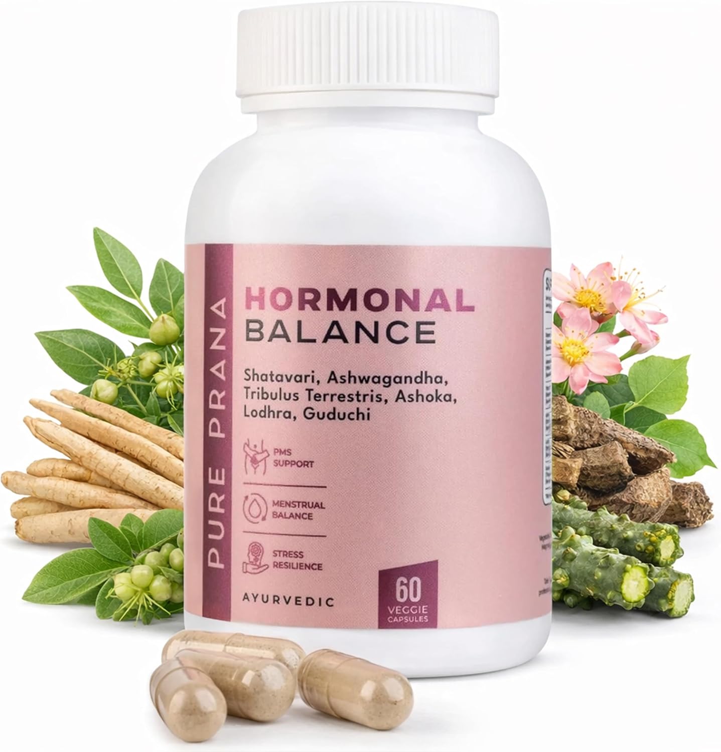 Pure Prana Shatavari Cápsulas para Mujer, Equilibrio Hormonal y Alivio del SPM con Ashwagandha - Suplemento Ayurvédico Vegano
