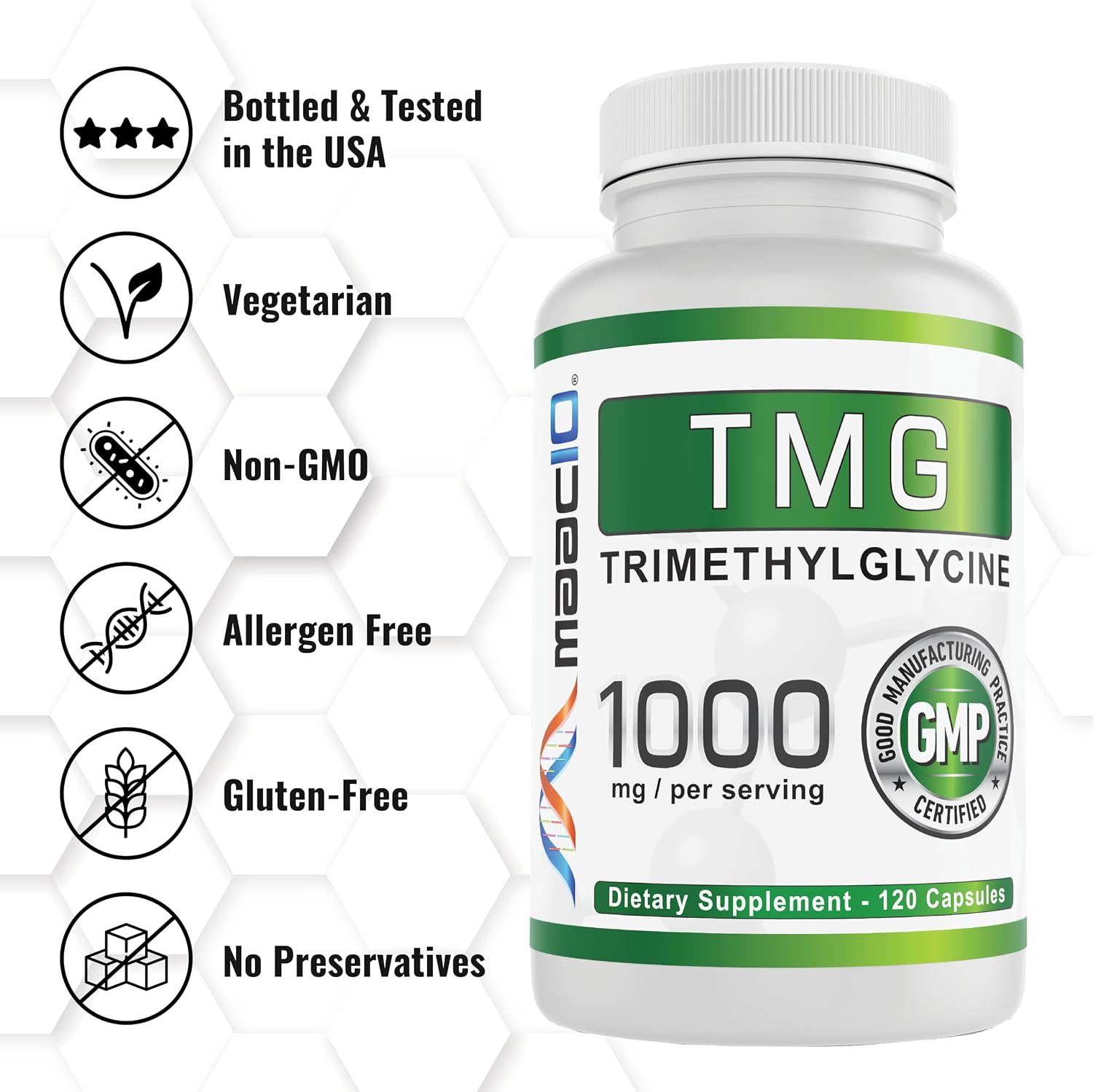 MAAC10 TMG 1000mg - Suplemento de Trimetilglicina (Betaína Anhidra) - Apoyo a la Metilación y Metabolismo de la Homocisteína - 120 Cápsulas