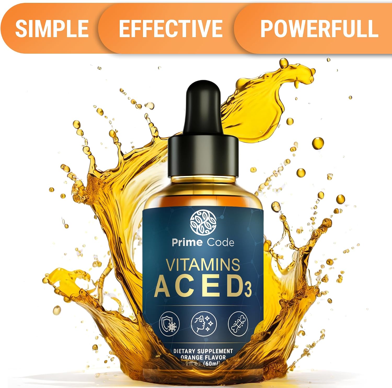 Prime Code Vitamin A Líquido con Vitaminas C, E y D3 - Complemento Alimenticio en Gotas, Sabor Naranja Natural