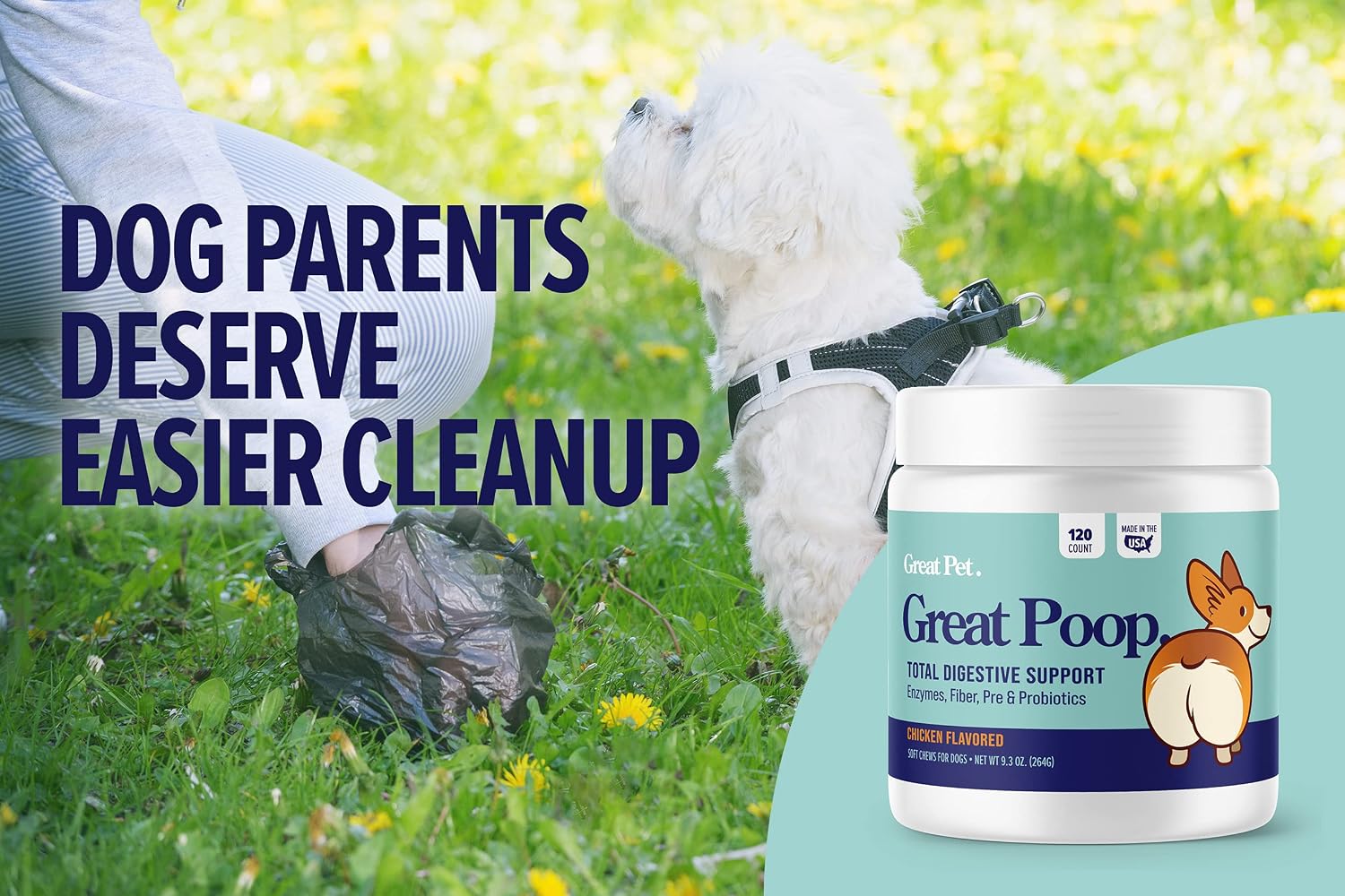 Probióticos para perros Great Poop - Fibra y enzimas digestivas para una salud intestinal óptima (120 masticables sabor pollo)