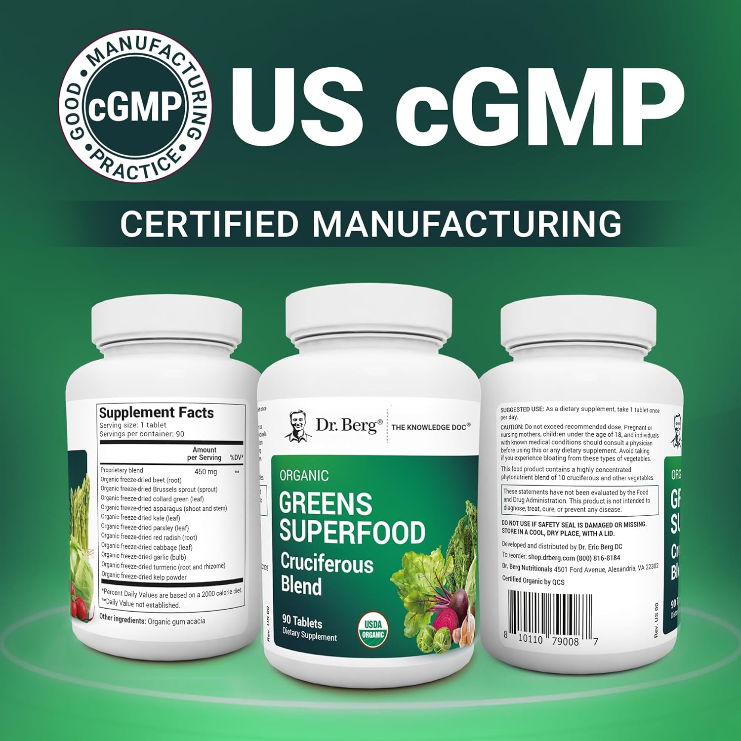 Dr. Berg's Greens Superfood - Comprimidos de Vegetales Crucíferos con 11 Fitonutrientes Orgánicos - 90 Comprimidos
