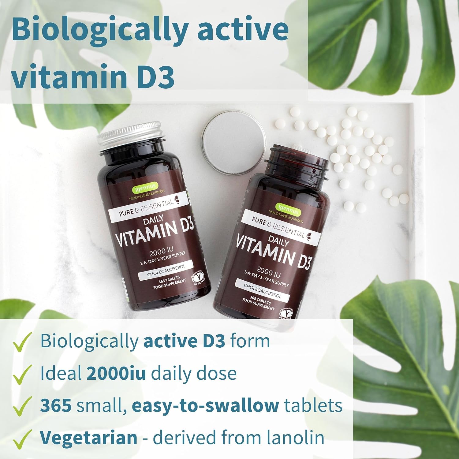 Igennus Vitamina D3 2000 UI, 50 mcg, 365 Comprimidos Vegetarianos - Suministro para 1 Año