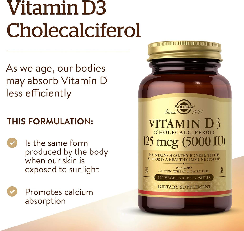 Solgar Vitamina D3 (Colecalciferol) 5000 IU, 120 Cápsulas Vegetales