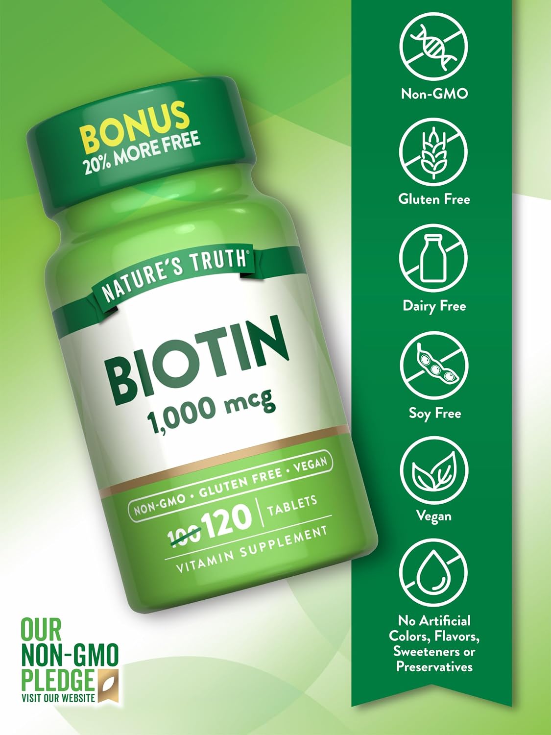 Nature's Truth Biotina 1000 mcg | 120 Comprimidos | Vegano, Sin Gluten, No-GMO