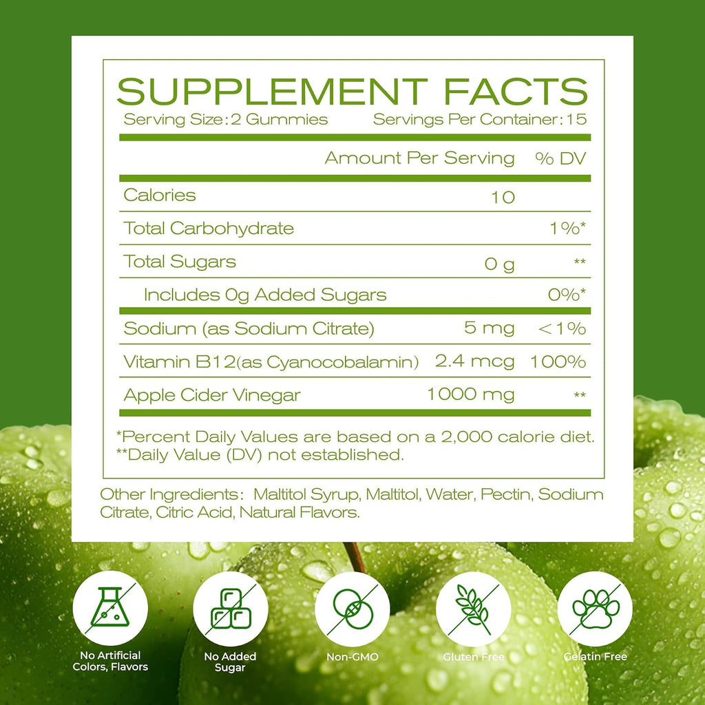 NEWELLME Gominolas de Vinagre de Manzana con la Madre y Vitamina B12 - Sin Azúcar, Veganas, 30 unidades