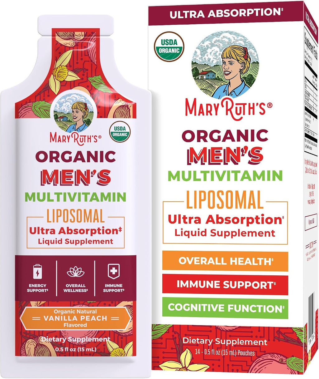 MaryRuth Organics Multivitamínico Líquido para Hombres con Tecnología Liposomal, Sabor Melocotón Vainilla, Orgánico, Sin Azúcar, Vegano, 14 sobres de 15 ml