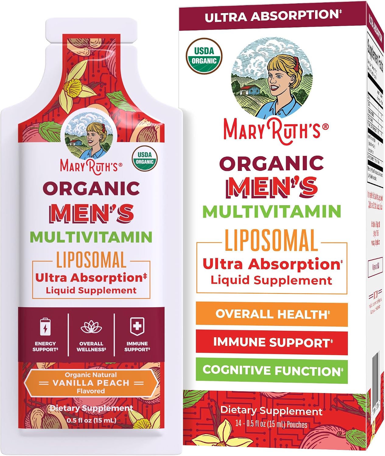 MaryRuth Organics Multivitamínico Líquido para Hombres con Tecnología Liposomal, Sabor Melocotón Vainilla, Orgánico, Sin Azúcar, Vegano, 14 sobres de 15 ml