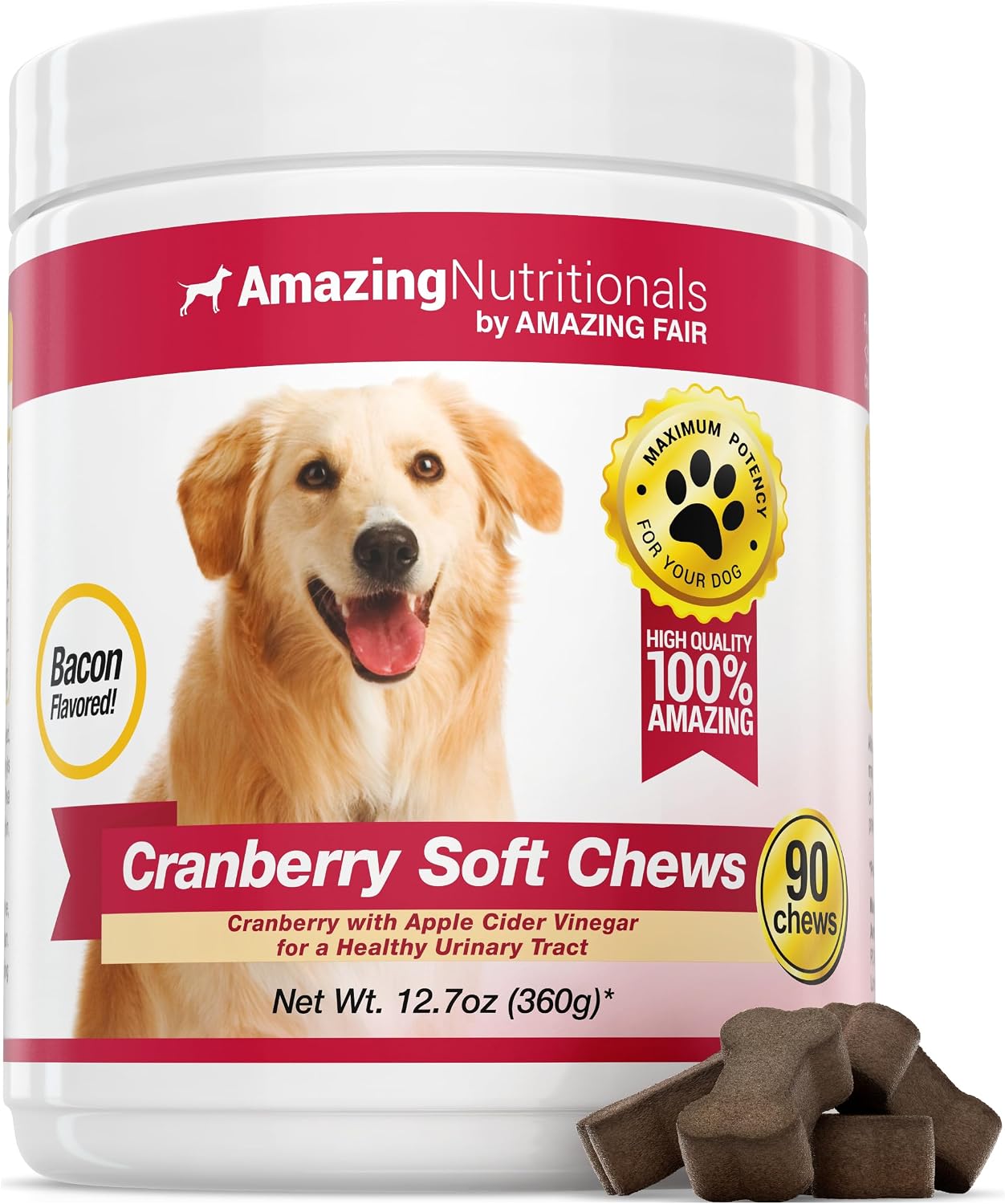 Amazing Cranberry Suplemento de Arándano para Perros - Apoyo Urinario y de Vejiga - 120 Masticables con Vinagre de Manzana para la Salud Inmunitaria - Sabor Bacon