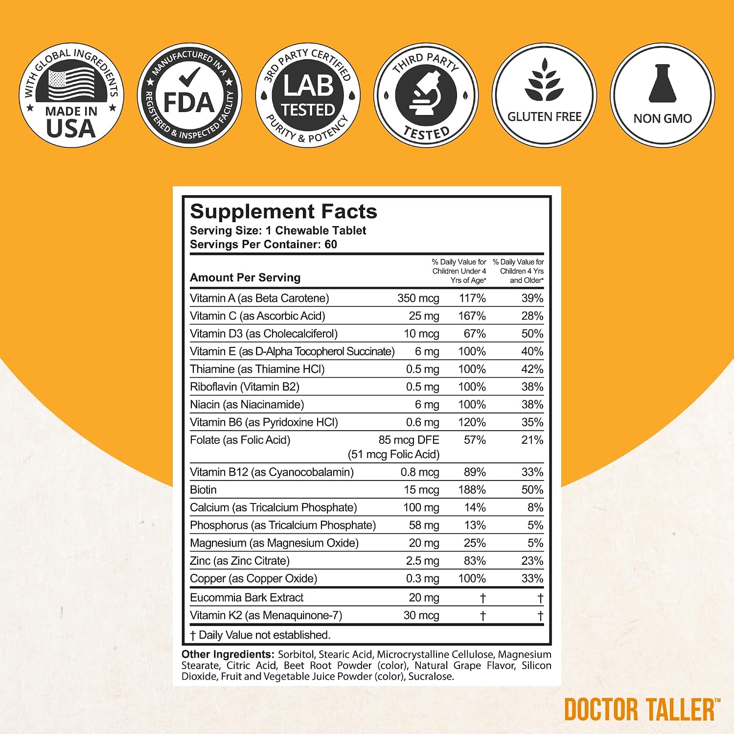 NuBest Doctor Taller Kids - Multivitamínico para niños de 2 a 9 años - Sabor uva - 60 comprimidos masticables veganos