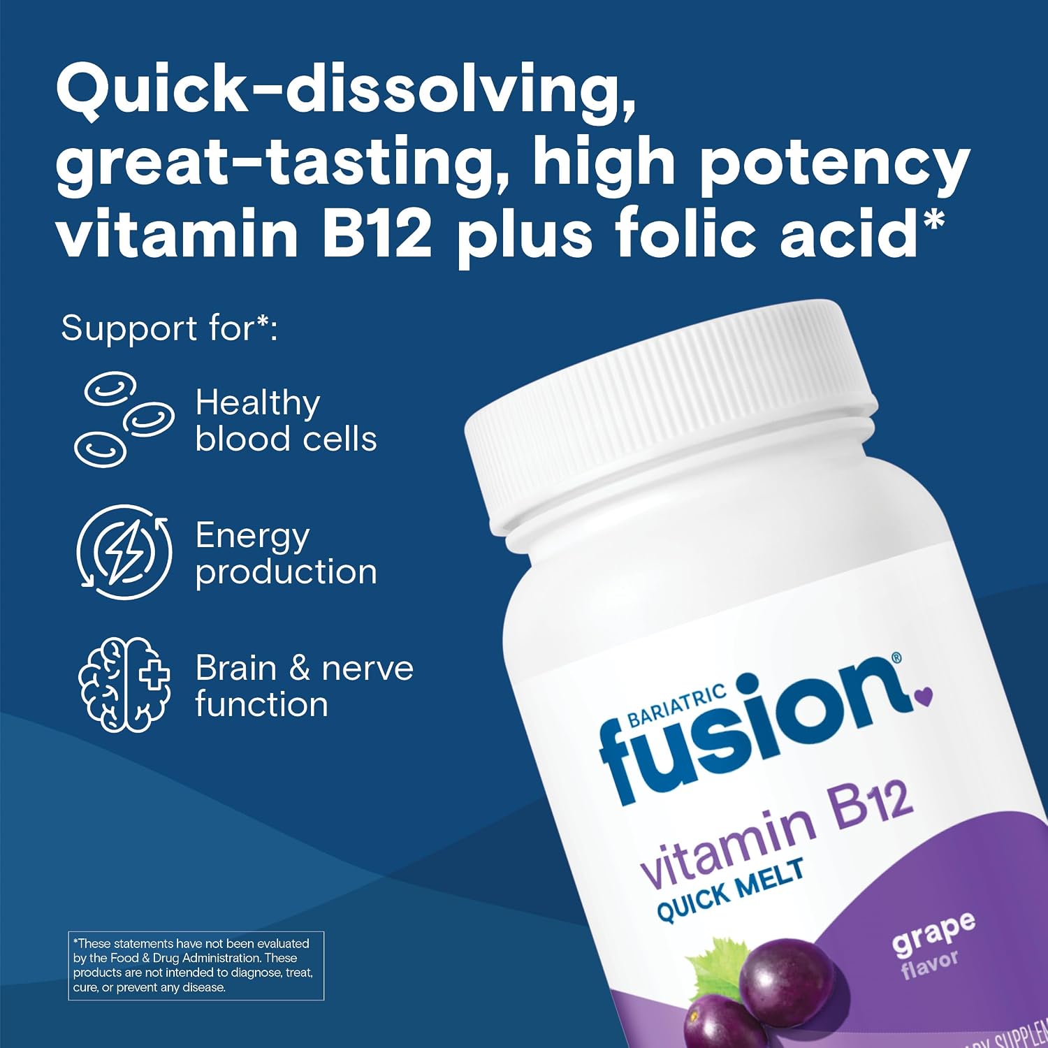 Bariatric Fusion Vitamina B12 Sublingual 1000 mcg - Comprimidos de fusión con sabor a uva y ácido fólico - Metilcobalamina - 90 unidades