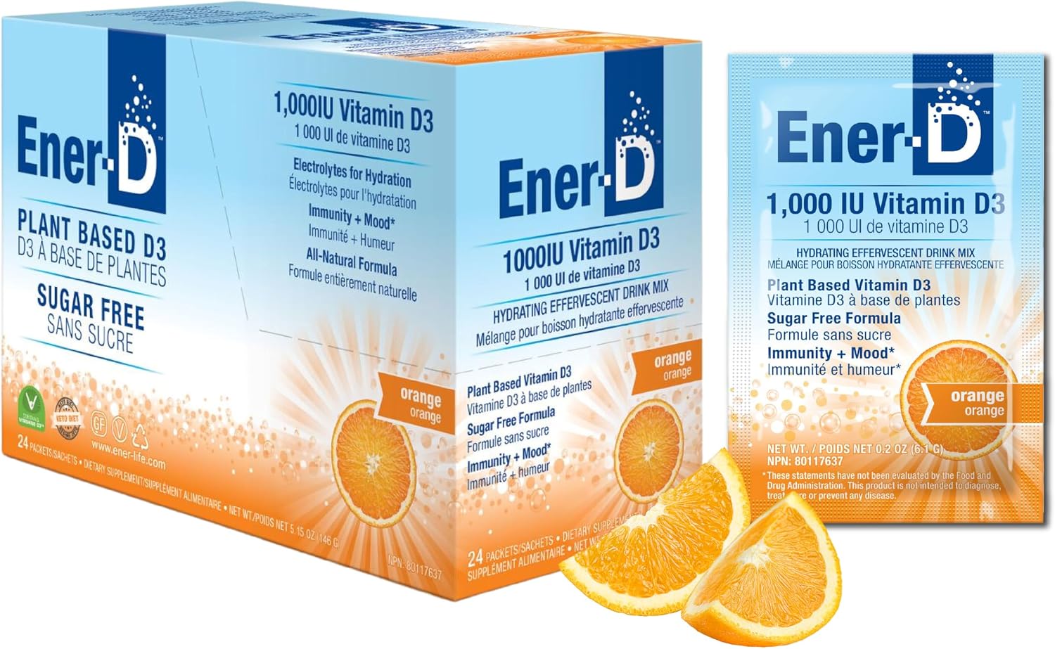 Ener-D Sugar Free Multivitamin Drink Mix - Sabor Naranja, 24 Sobres