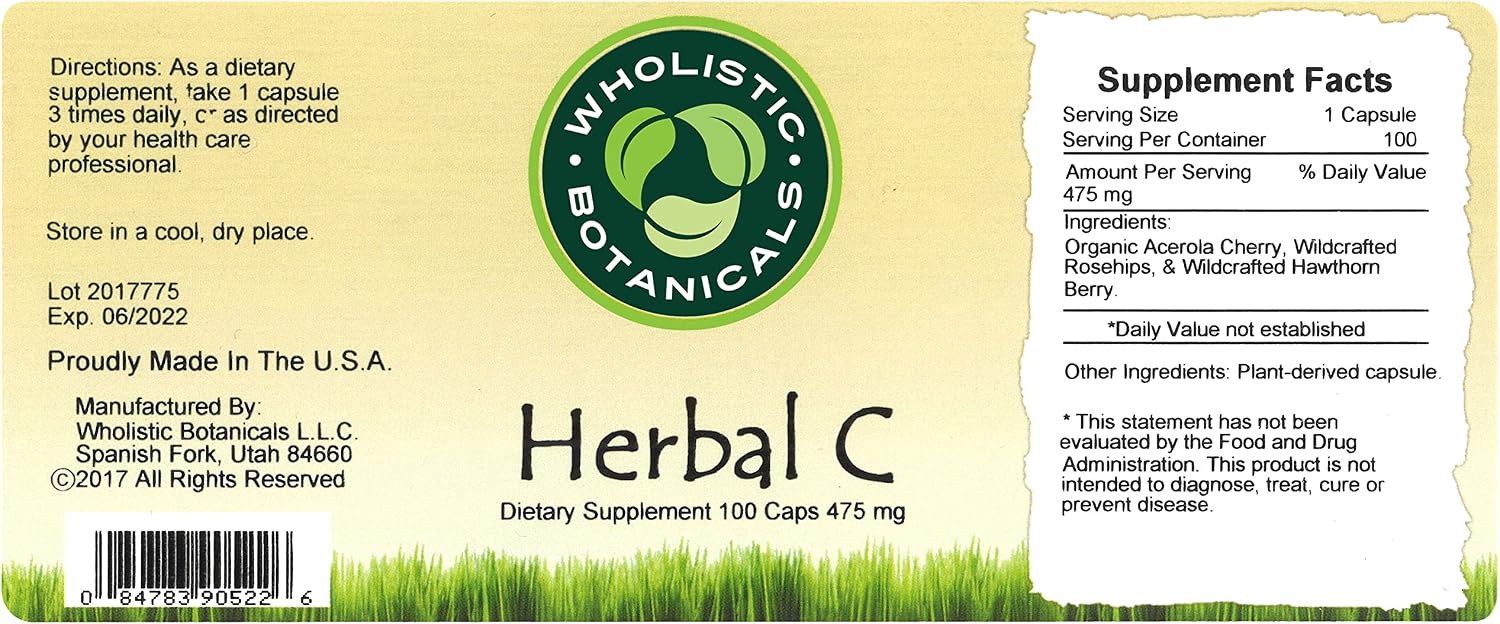 Herbal C Capsule — Vitamin C Supplement with Antioxidants and Immune System Support — 100 Capsules