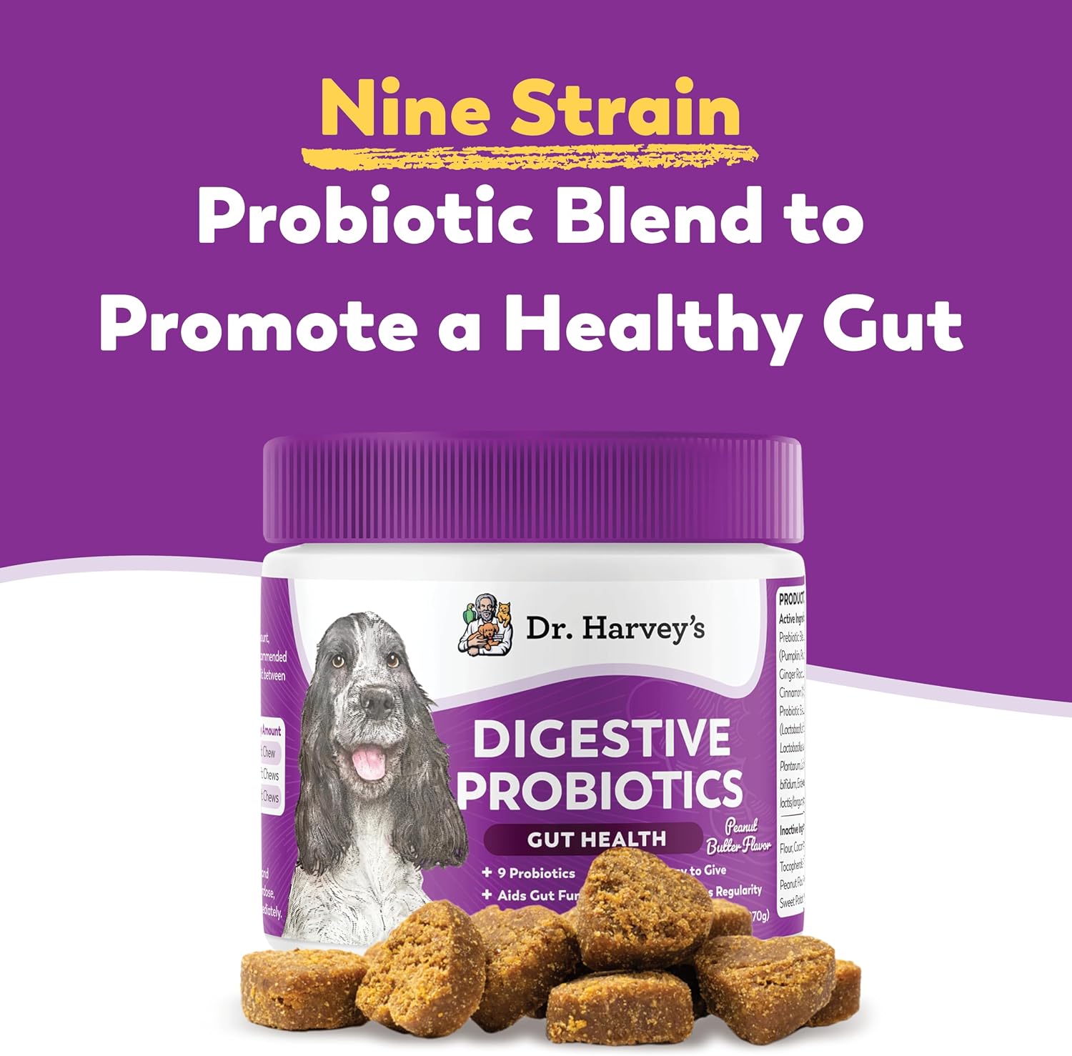 Dr. Harvey's Masticables Probióticos Digestivos para Perros, 9 Probióticos, Sabor a Mantequilla de Cacahuete (90 Masticables)
