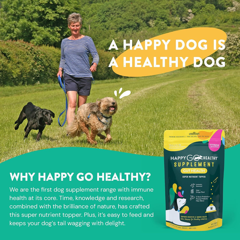 Happy Go Healthy Probióticos para Perros - Salud Digestiva e Inmunidad - Topper de Kibble Natural - 60 Comprimidos