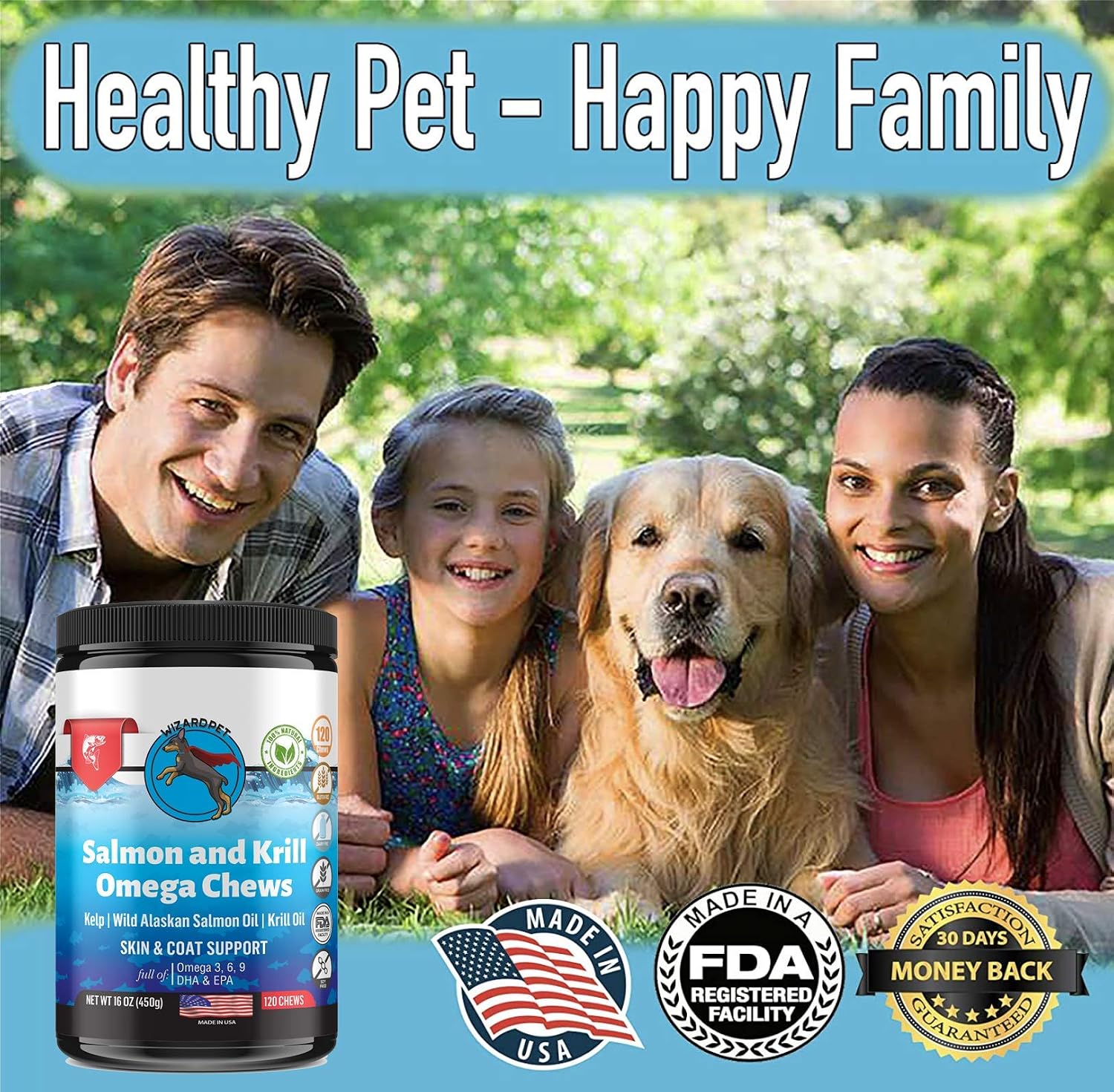 WIZARDPET Masticables Blandos de Aceite de Salmón y Krill para Perros - 120 Unidades - Suplemento de Omega 3, 6 y 9 con EPA y DHA