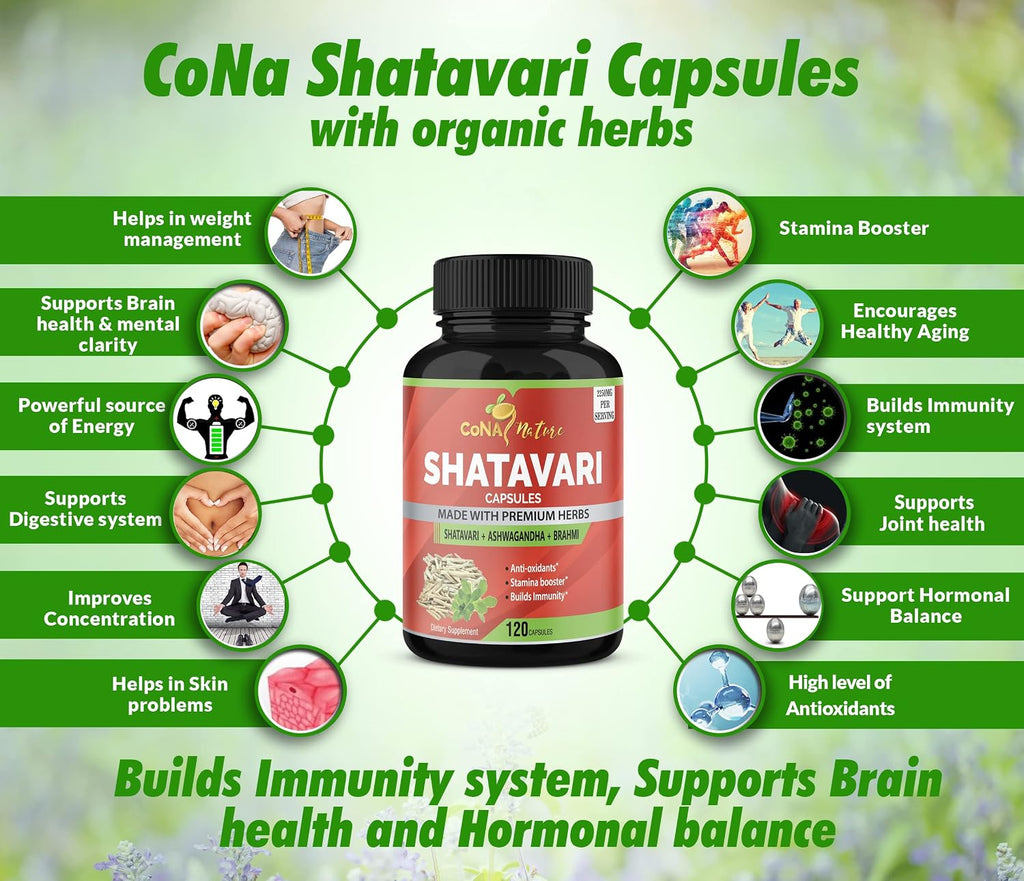 Cona Nature Organic Shatavari Powder Capsules 2250 mg con Ashwagandha y Brahmi | Apoyo a la salud femenina, 120 cápsulas veganas