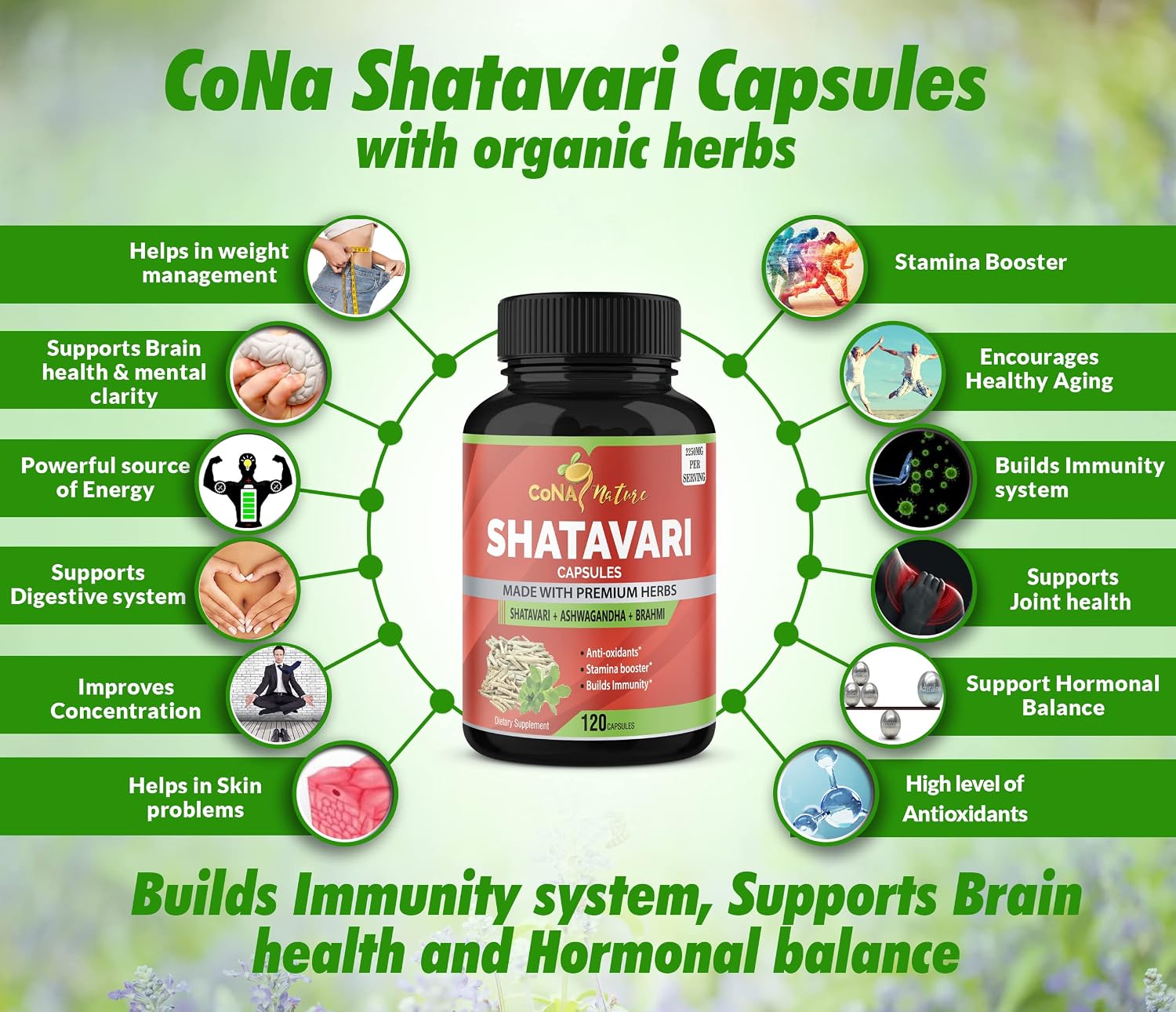 Cona Nature Organic Shatavari Powder Capsules 2250 mg con Ashwagandha y Brahmi | Apoyo a la salud femenina, 120 cápsulas veganas