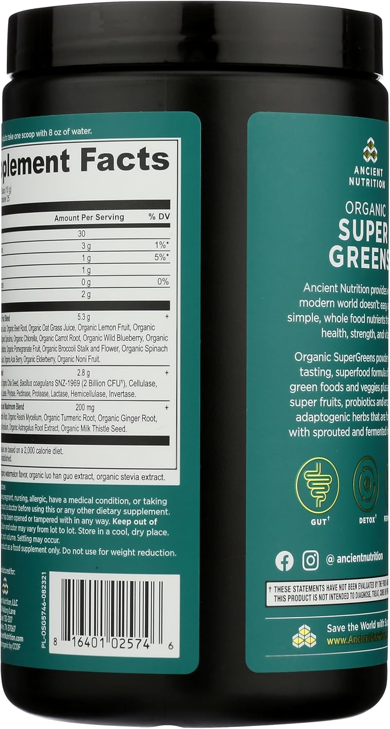 Ancient Nutrition SuperGreens en polvo con probióticos, sabor sandía orgánica, 25 porciones