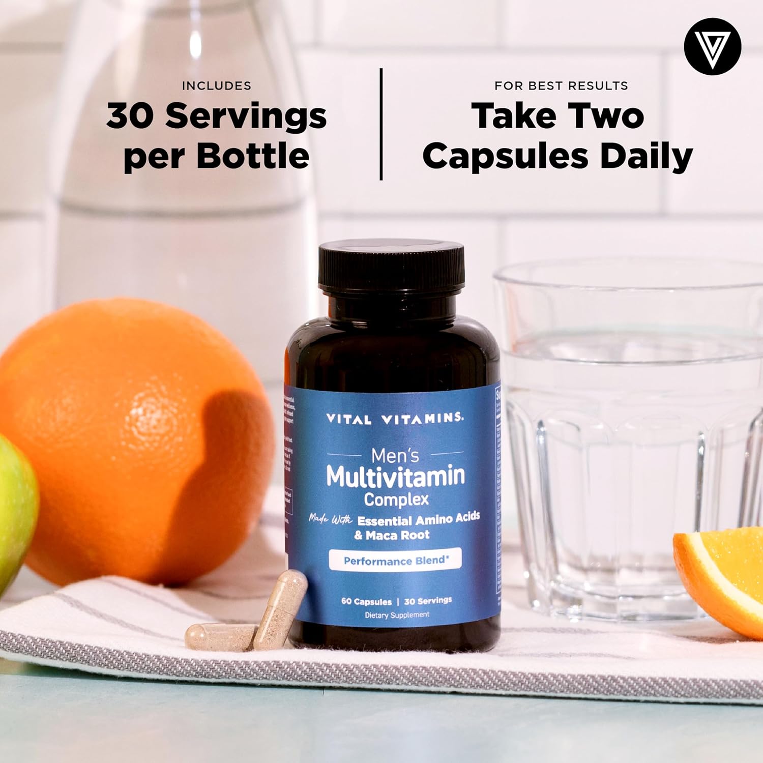Vital Vitamins Multivitamínico para Hombres - Complejo con Aminoácidos Esenciales, Maca, Saw Palmetto, Vitaminas A, C, D3, E, B6, B12 y Zinc - 60 Cápsulas