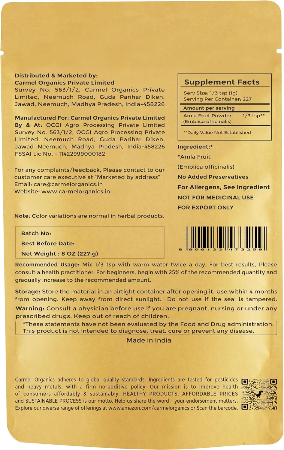CARMEL ORGANICS Amla/Amlaki Fruit Powder (226 g)