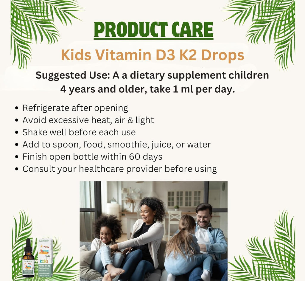 Go Healthy Kids Vitamin D3 K2 (MK-7) Gotas Líquidas Veganas para Niños - Sabor Vainilla - 30 Dosis