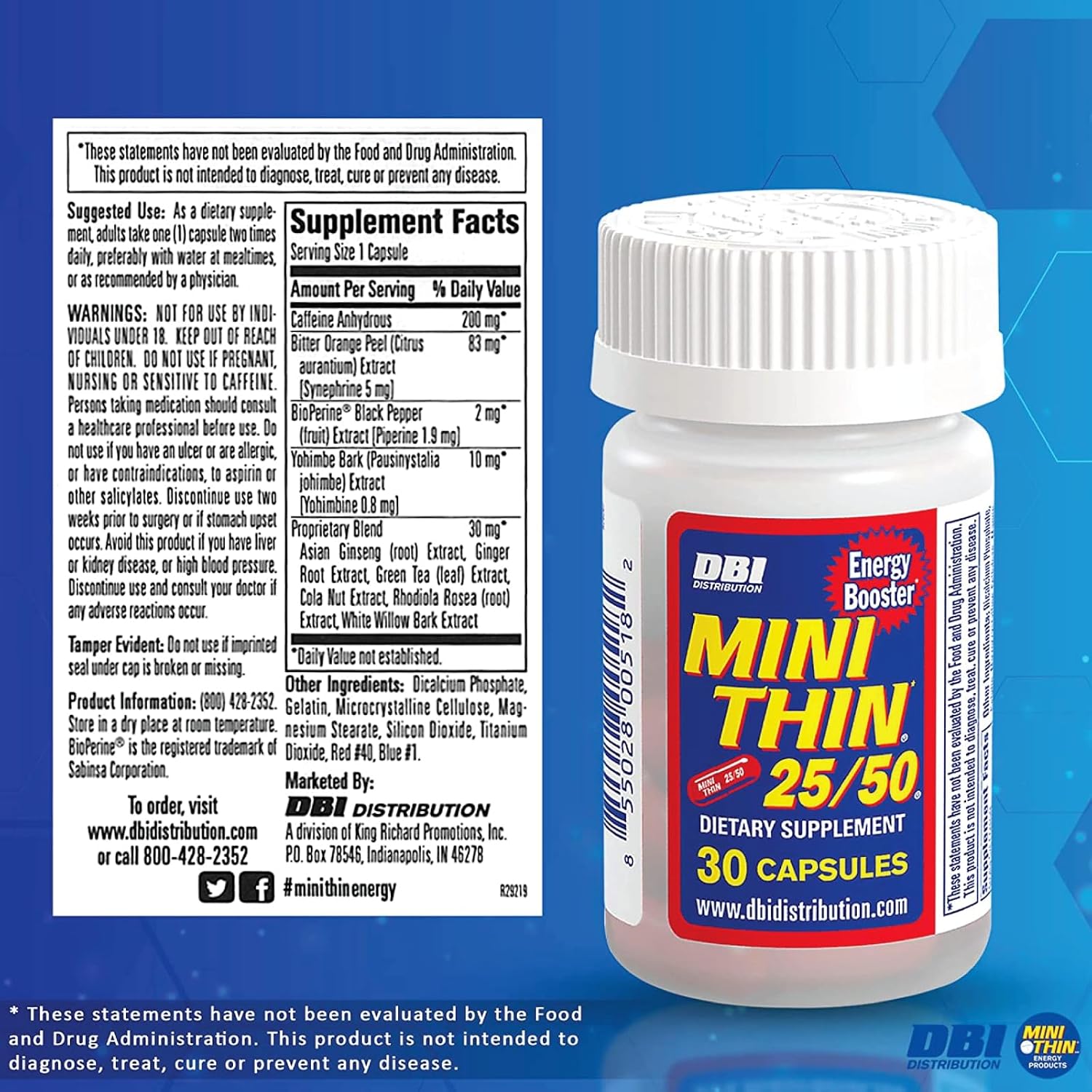Mini Thin 25/50 - Cápsulas Energéticas con Cafeína (30 Cápsulas)