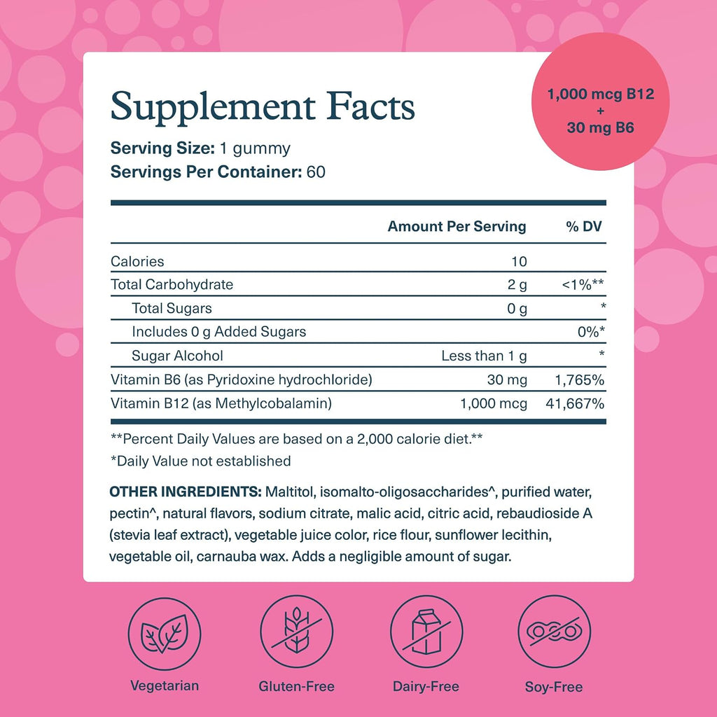 Youtheory B12B6 Gummies - Vitamina B12 y B6 - Apoya el Estado de Ánimo, Sistema Nervioso y Metabolismo* - Sin Azúcar - Sin Lácteos, Soja ni Gluten - 60 Gomitas