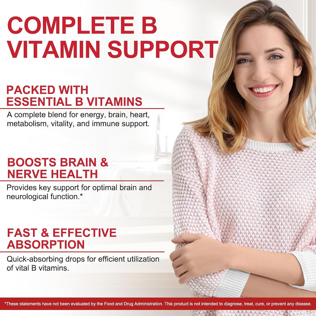 Complejo B Líquido, Gotas Veganas de Vitamina B12 Metilcobalamina, B1, B6, Ácido Fólico y Niacina - Apoyo Energético, Cerebral y Cardíaco, 40 Dosis