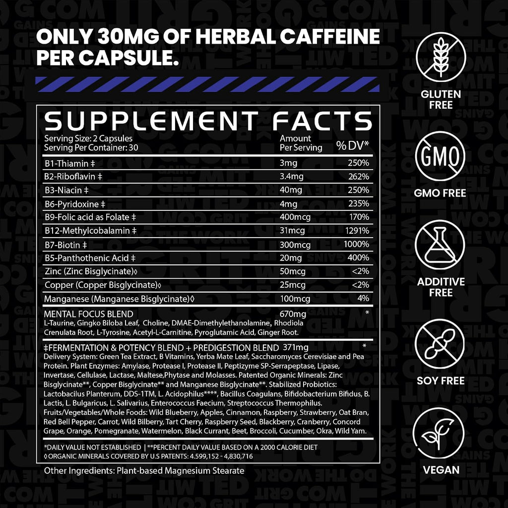 Gains in Bulk Elevated Nootropic Herbal Energy Suplemento Energético y de Enfoque, 60 Cápsulas