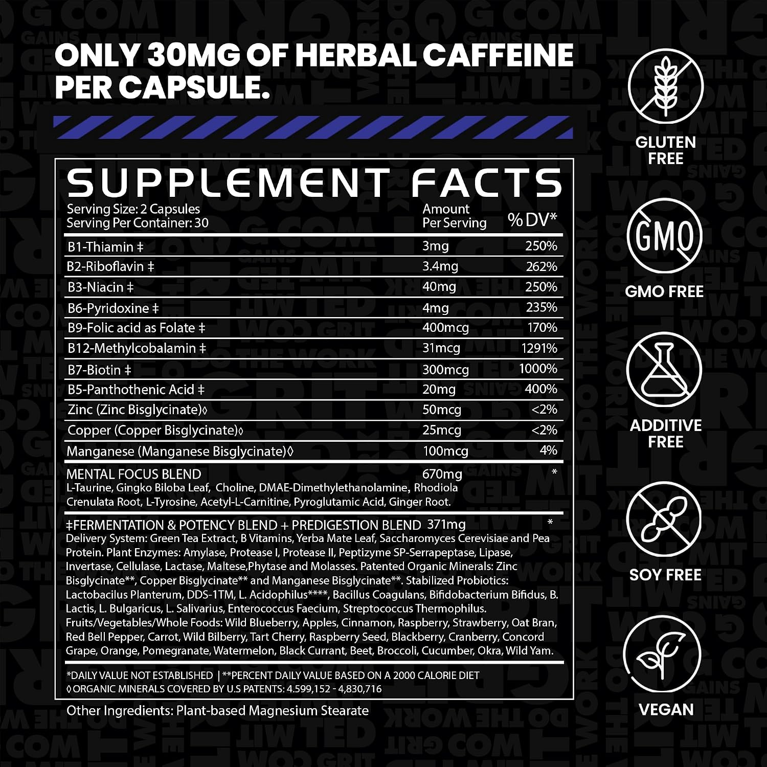 Gains in Bulk Elevated Nootropic Herbal Energy Suplemento Energético y de Enfoque, 60 Cápsulas