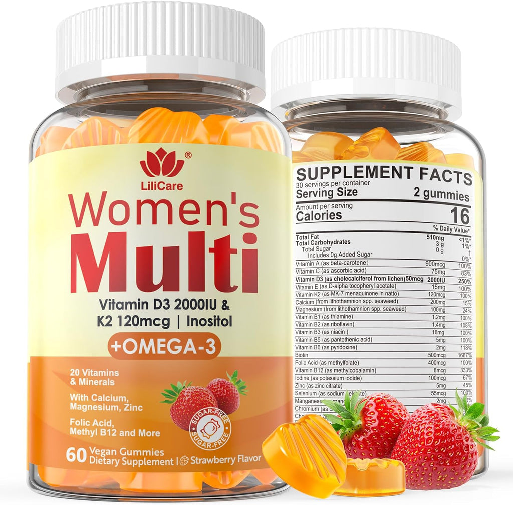 Multivitamínico para Mujeres con Omega-3, Vitamina D3 K2, Calcio, Inositol, Complejo B, Metilfolato y Metil B12 - 60 Gominolas Sin Azúcar