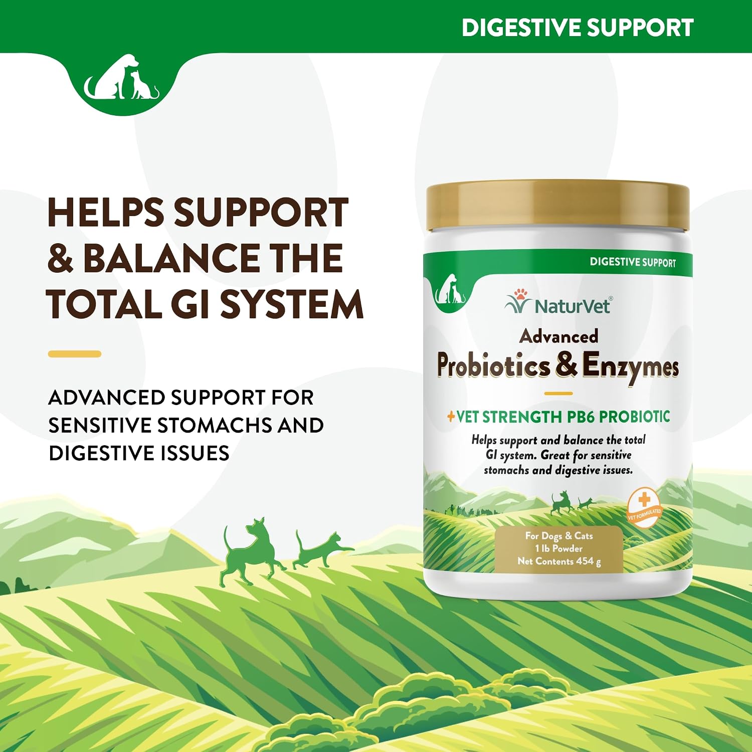 NaturVet – Probióticos y Enzimas Avanzados con Probiótico PB6 de Fuerza Veterinaria – Para Perros y Gatos (454 g)