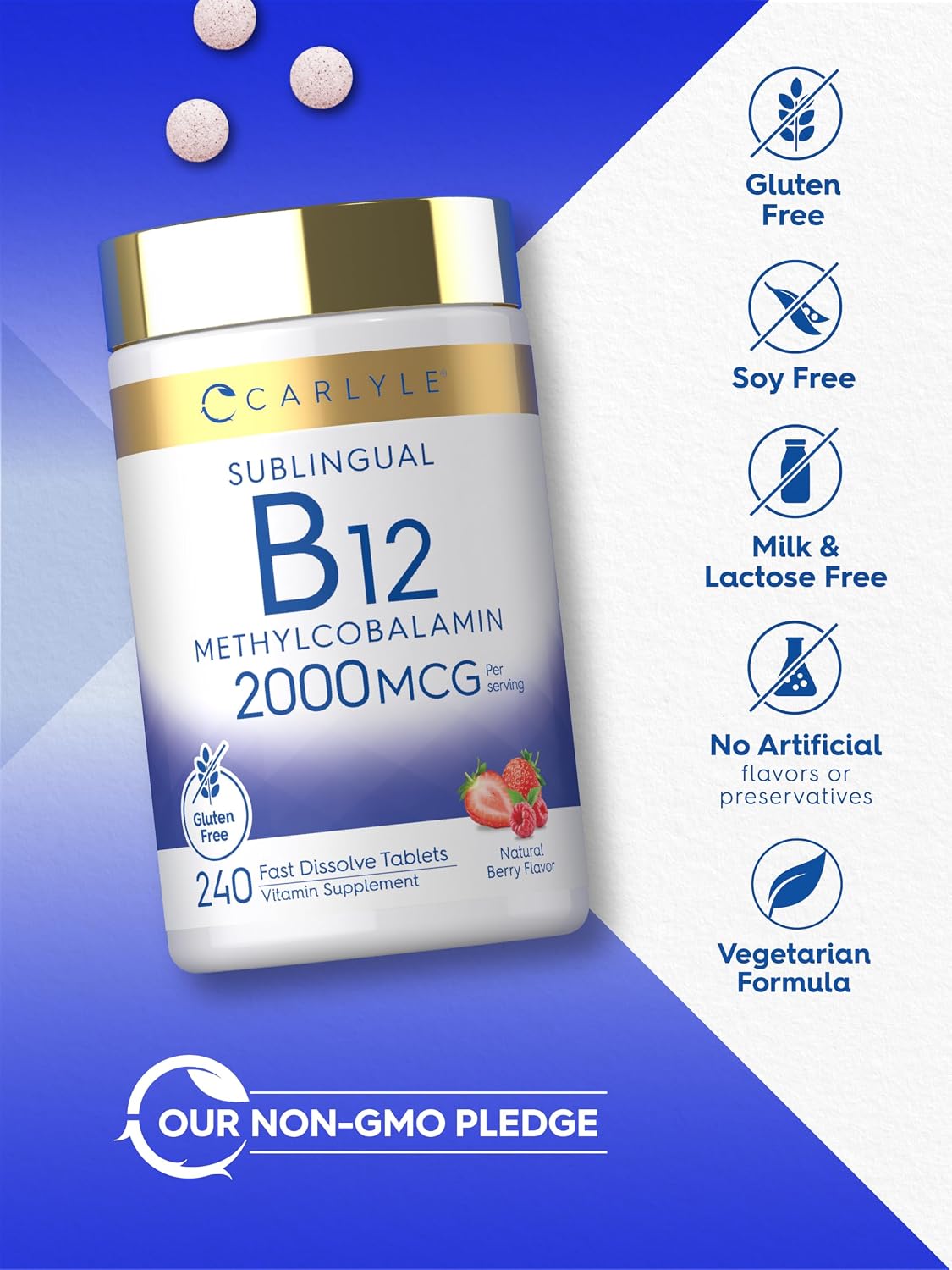 Carlyle Vitamina B12 2000 mcg - 240 Comprimidos Sublinguales de Metilcobalamina - Sabor a Bayas - Suplemento Vegetariano, No OGM y Sin Gluten