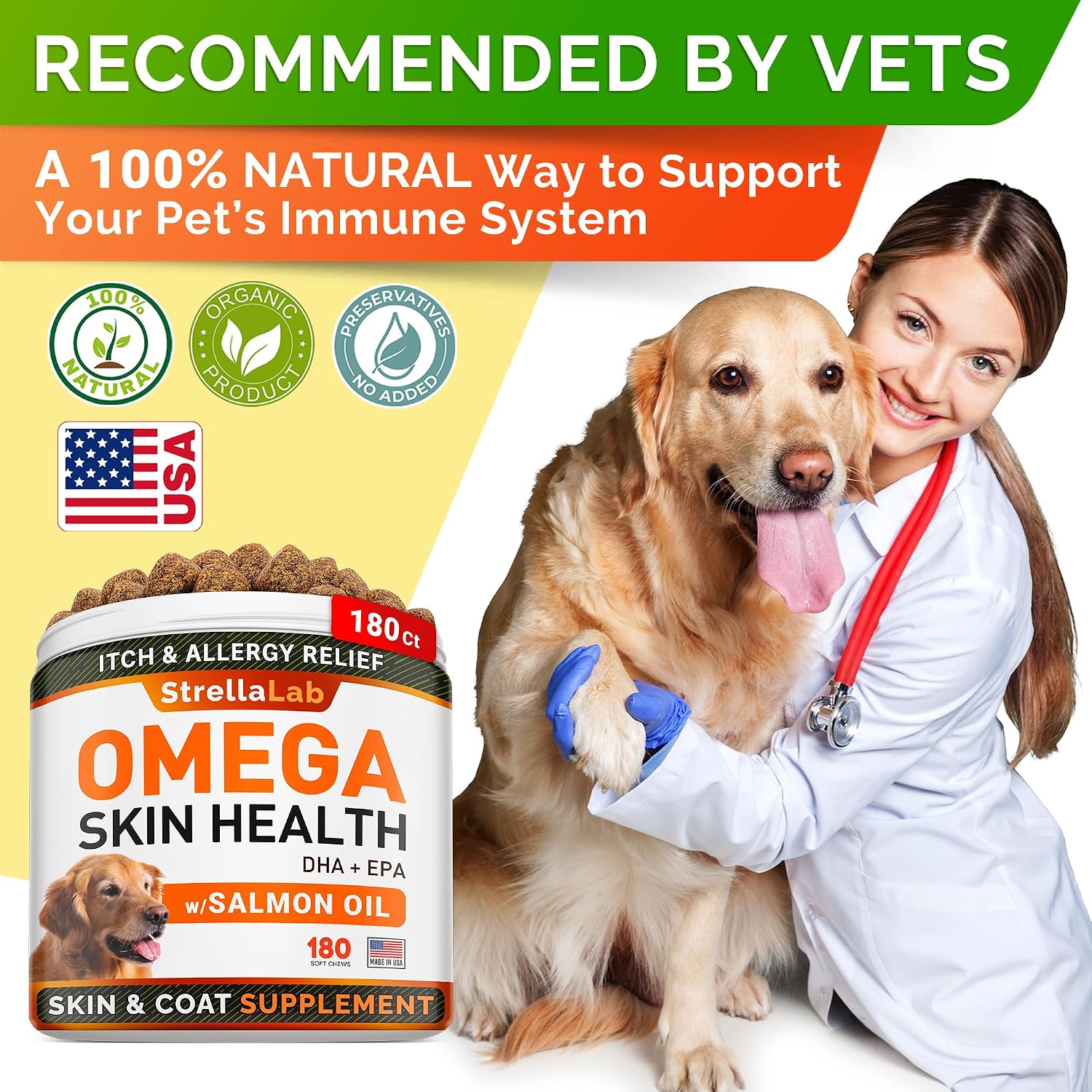 StrellaLab Omega 3 para Perros - 180 Golosinas de Aceite de Pescado - Suplemento para la Piel y el Pelaje - Sabor a Salmón Ahumado