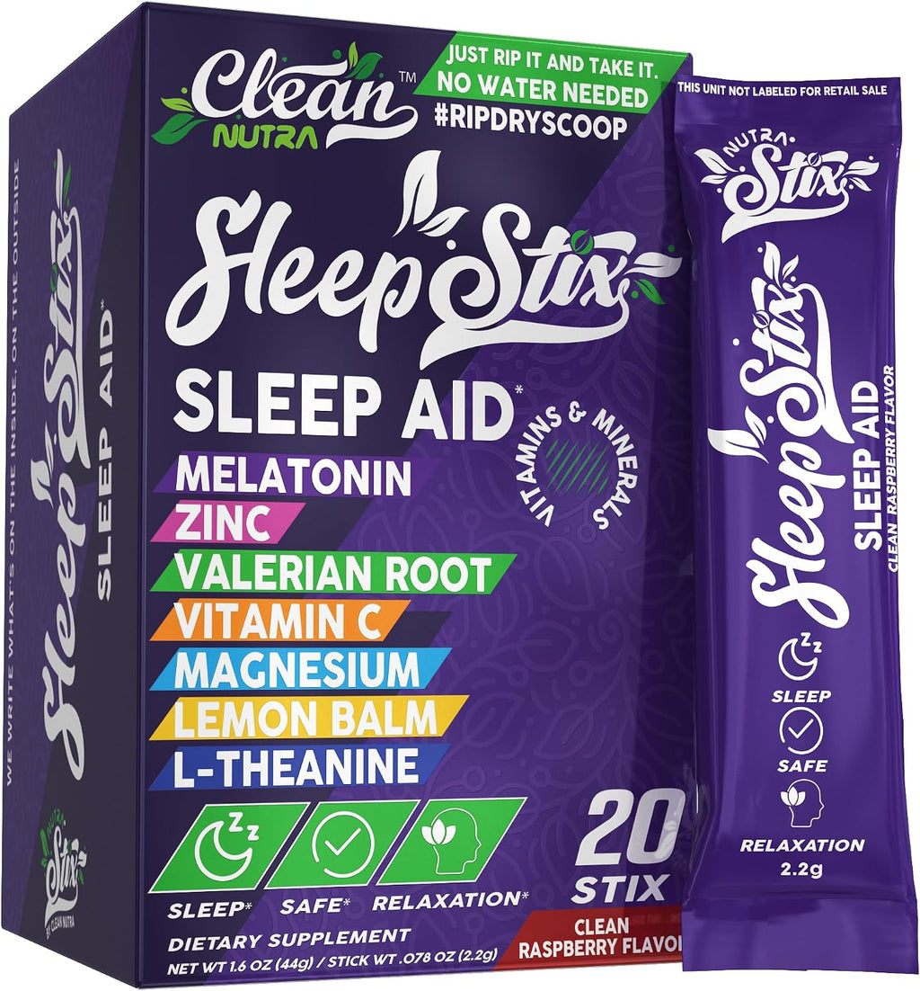 Clean Nutraceuticals Sleep Aid – Polvo de Melatonina con Triptófano, Glicina, Valeriana, Magnesio, L-teanina, Zinc, Inositol, GABA, B6, 5-HTP – 20 Sticks