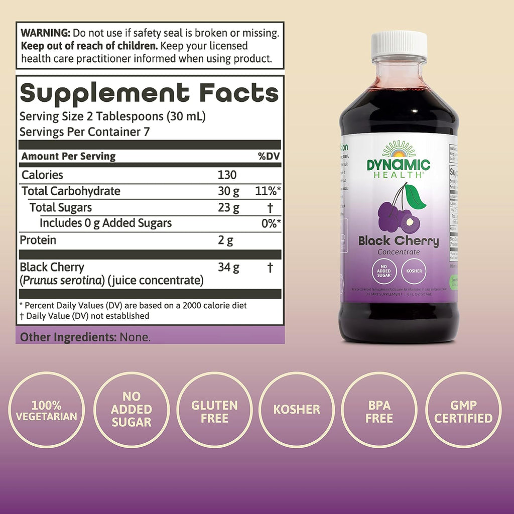 Dynamic Health Concentrado Puro de Zumo de Cereza Negra sin Endulzar, 100% Jugo Concentrado, 240 ml