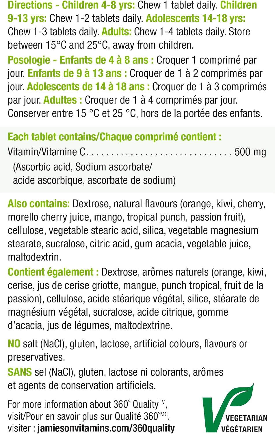 Jamieson Vitamina C Masticable 500 mg, Frasco de 330 tabletas, 3 sabores