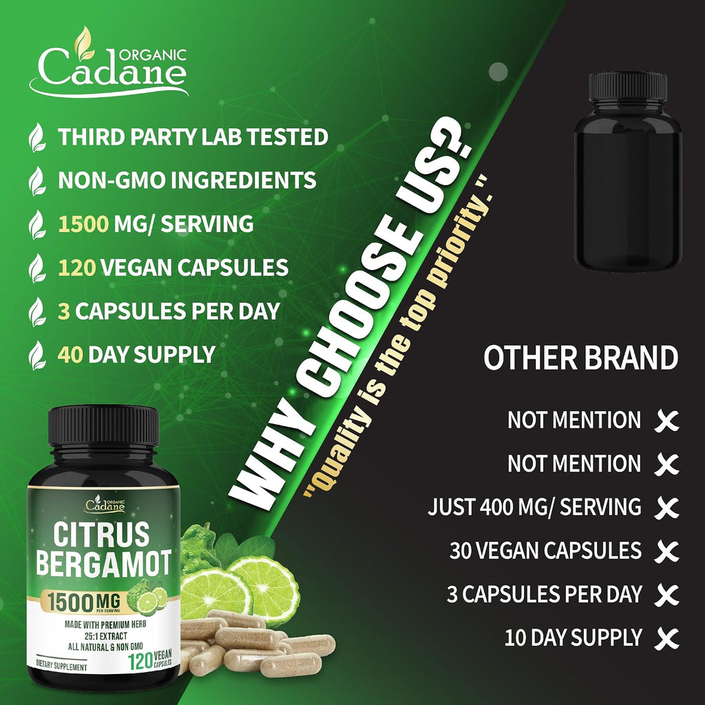 Cadane Citrus Bergamot Supplement | Heart & Immune System | Vegan, Non-GMO – 120 Cápsulas – 40 Días