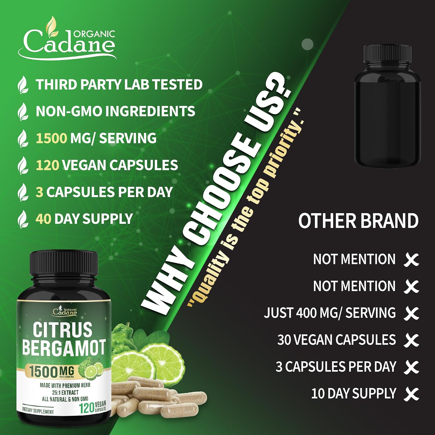 Cadane Citrus Bergamot Supplement | Heart & Immune System | Vegan, Non-GMO – 120 Cápsulas – 40 Días