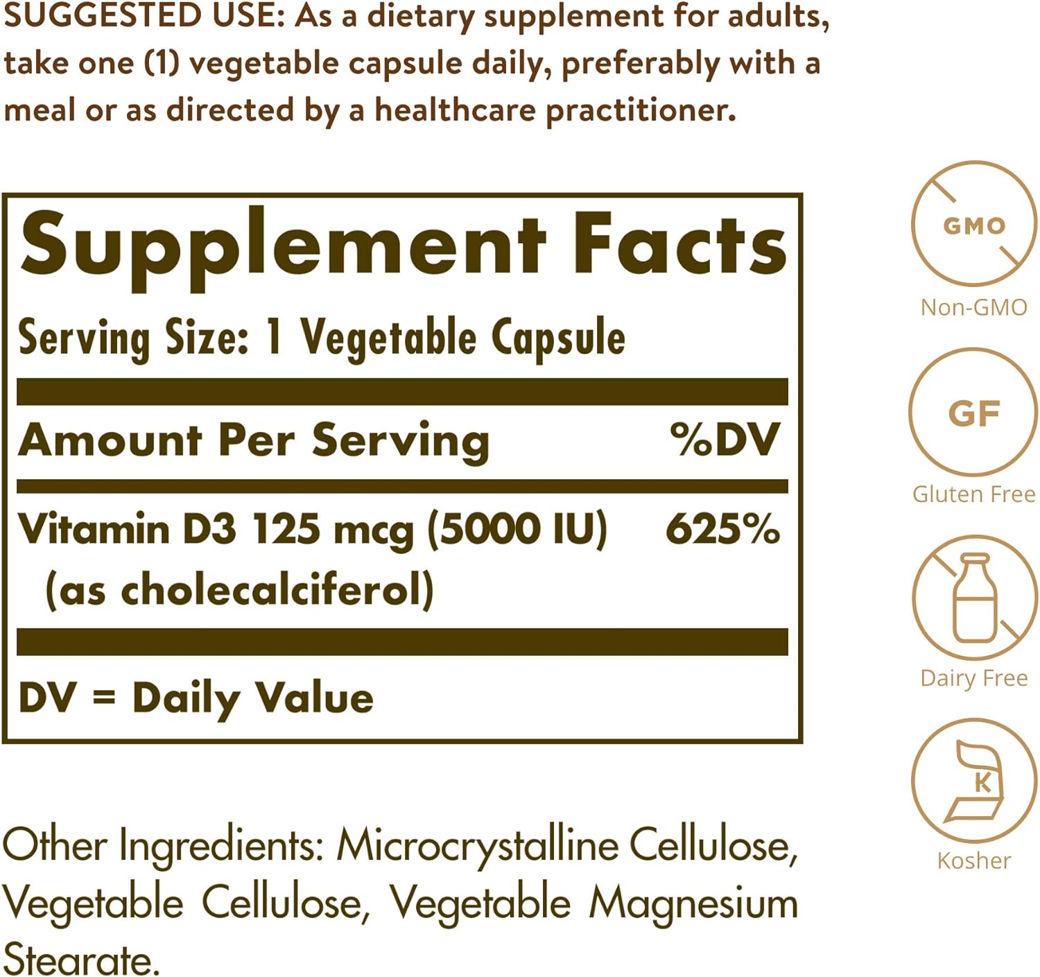 Solgar Vitamina D3 (Colecalciferol) 5000 IU, 120 Cápsulas Vegetales