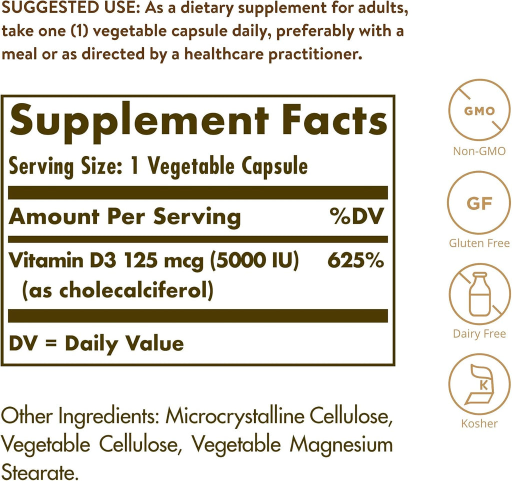 Solgar Vitamina D3 (Colecalciferol) 125 mcg (5000 UI), 360 Cápsulas Vegetales