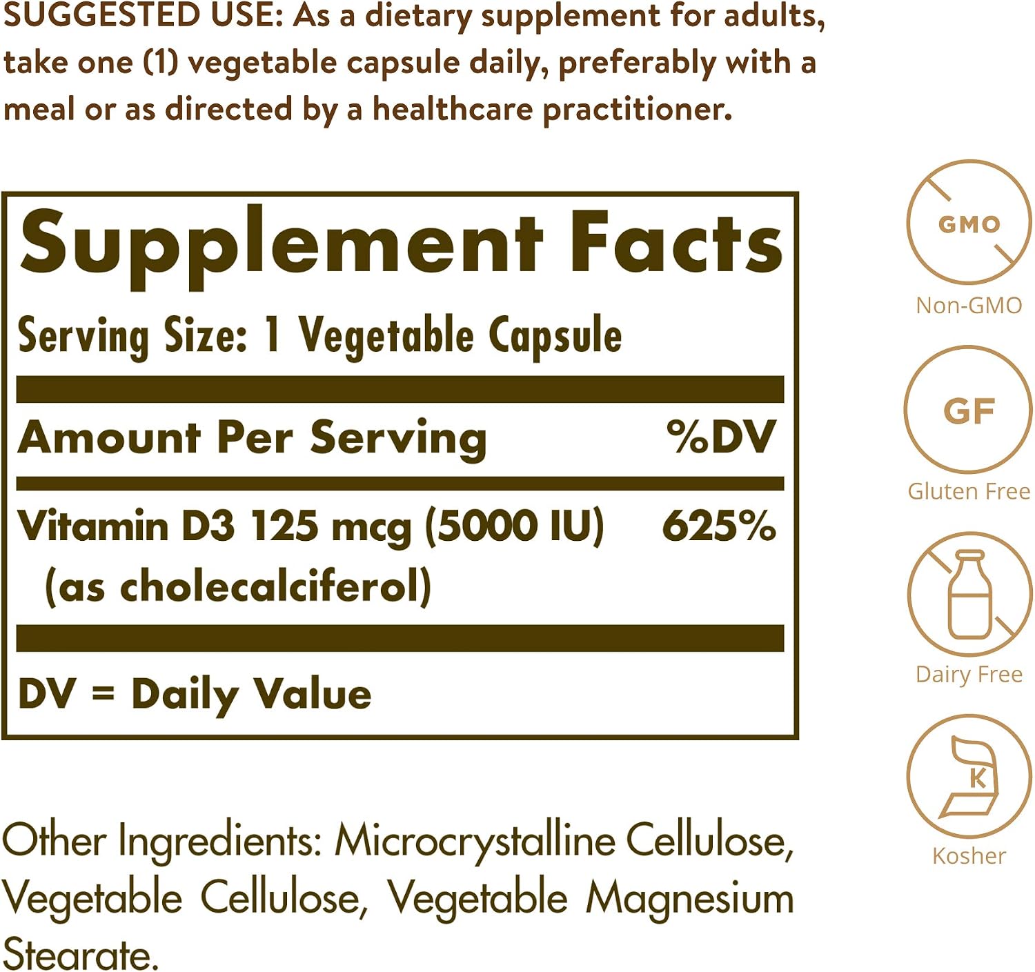 Solgar Vitamina D3 (Colecalciferol) 125 mcg (5000 UI), 360 Cápsulas Vegetales