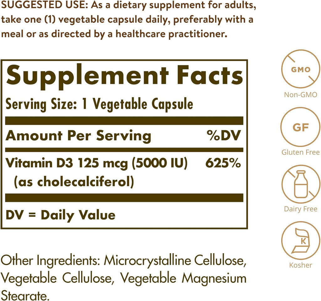 Solgar Vitamina D3 (Colecalciferol) 125 mcg (5000 UI), 240 Cápsulas Vegetales
