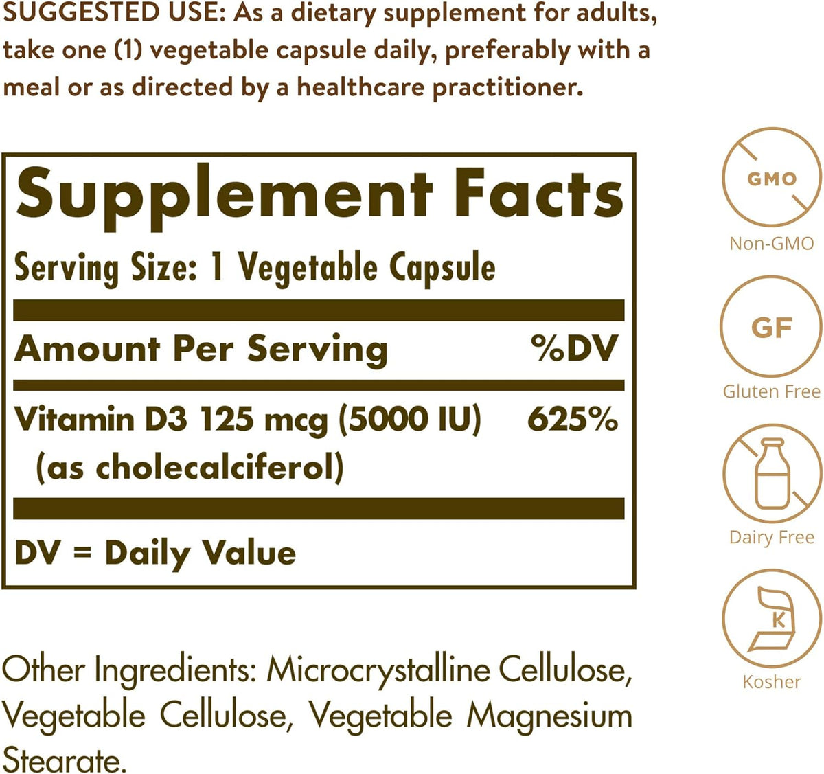 Solgar Vitamina D3 (Colecalciferol) 125 mcg – El mantenimiento de los niveles normales de calcio en sangre. – Image 2
