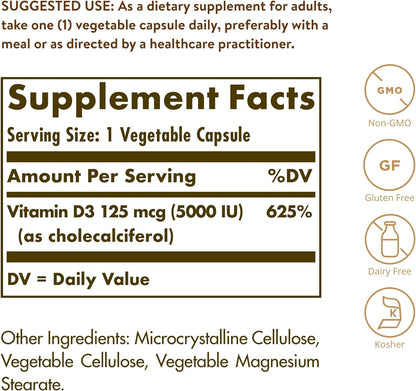 Solgar Vitamina D3 (Colecalciferol) 125 mcg – El mantenimiento de los niveles normales de calcio en sangre. – Image 2