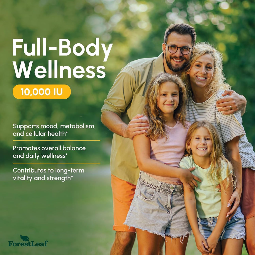 ForestLeaf Vitamin D3 10,000 IU | Vitamina D3 para Huesos, Dientes y Sistema Inmunológico | Cápsulas Fáciles de Tragar | Suministro para 6 Meses, 180 Cápsulas