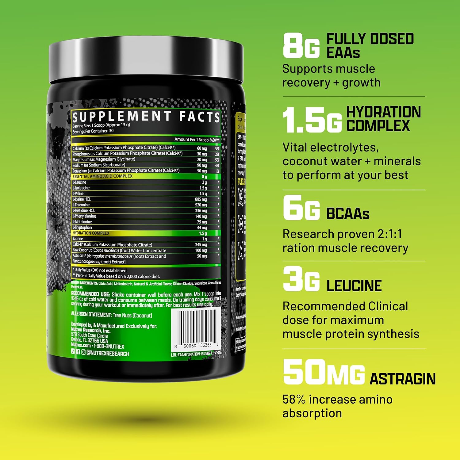 Nutrex Research EAA Hydration - Polvo de EAAs y BCAAs con Electrolitos - 30 Servicios (Lima Limón)