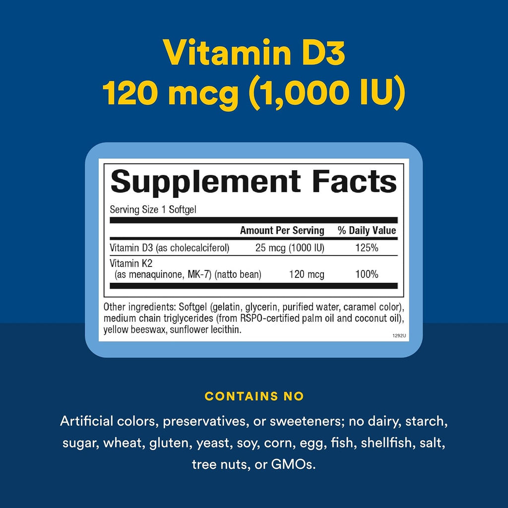 Natural Factors Vitamina D3 y K2 1000 UI + 120 mcg, 60 Cápsulas Blandas
