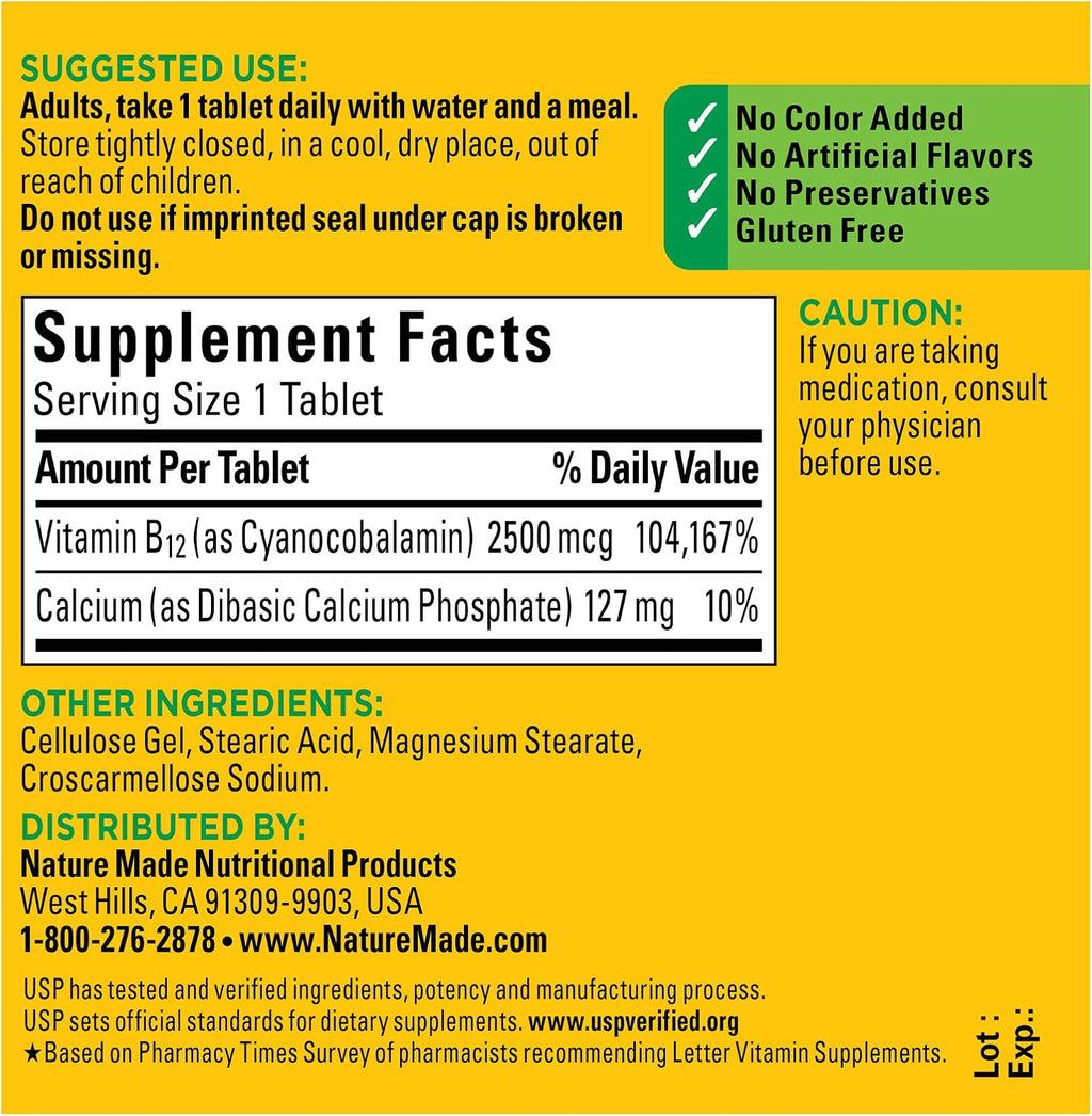 Nature Made Extra Strength Vitamina B12 2500 mcg, 60 comprimidos